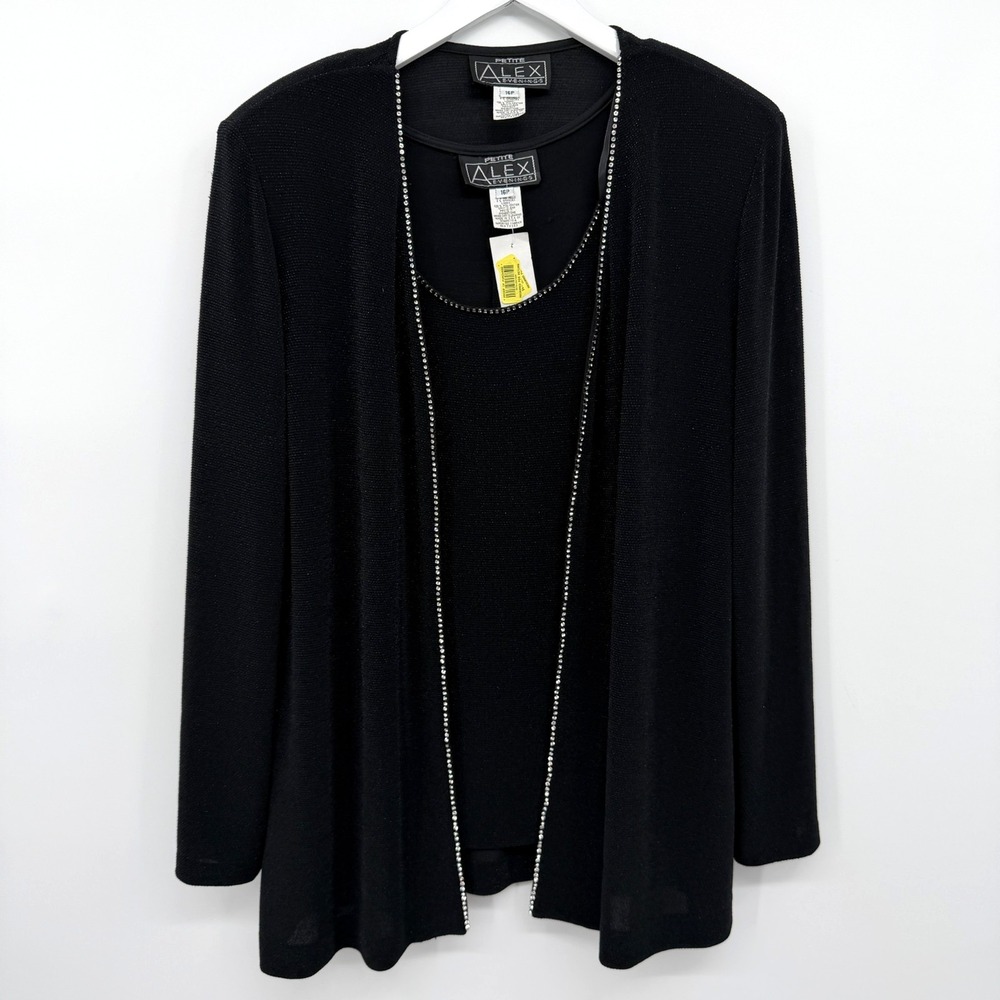 Vintage Alex Evenings Jacket Top Shirt Set 16P Rhinestone Shoulder Pads Sparkly